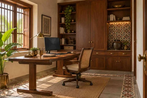 AI-generated home office concept: office and storage wall, chettinad tile direction