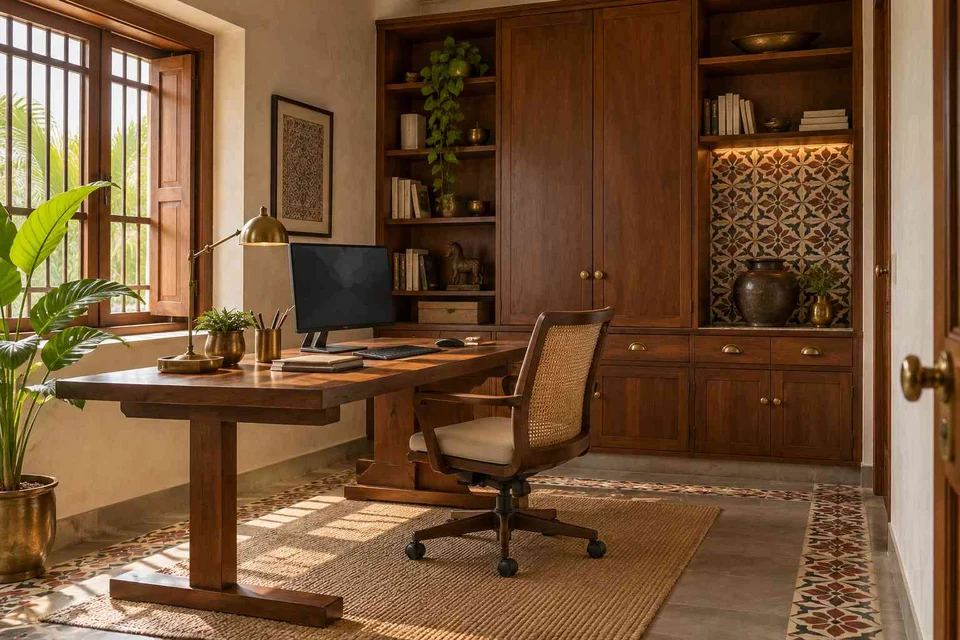 AI-generated home office concept: office and storage wall, chettinad tile direction
