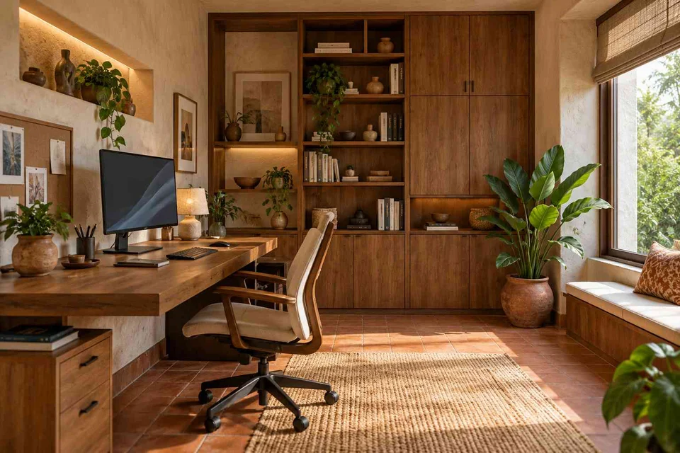 AI-generated home office concept: office and storage wall, clay artisan direction