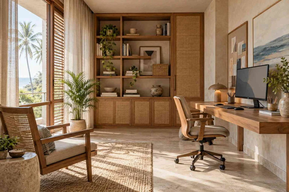 AI-generated home office concept: office and storage wall, coastal woven direction