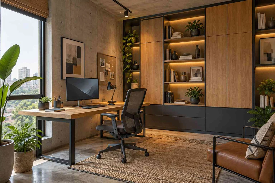 AI-generated home office concept: office and storage wall, concrete and oak direction