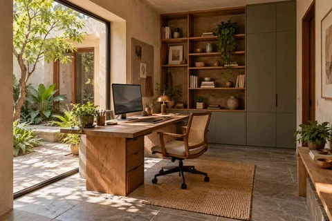 AI-generated home office concept: office and storage wall, courtyard modern direction