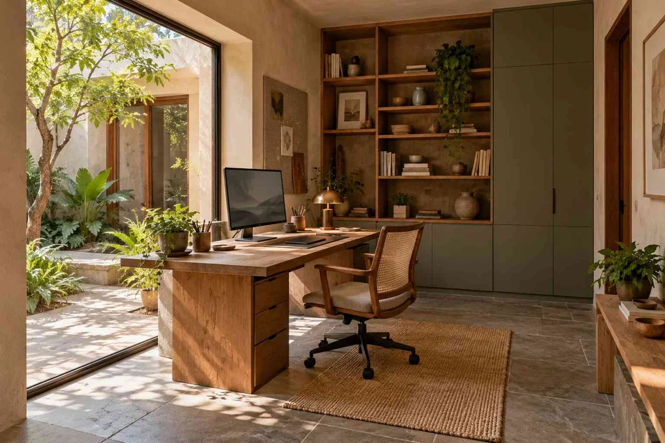 AI-generated home office concept: office and storage wall, courtyard modern direction