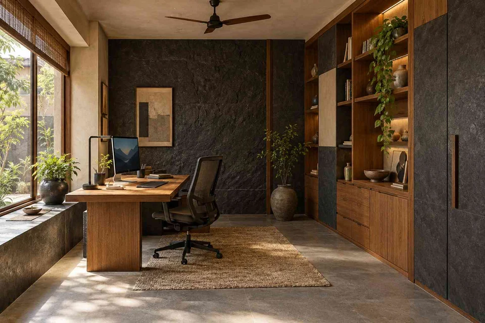 AI-generated home office concept: office and storage wall, deccan stone direction
