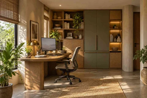 AI-generated home office concept: office and storage wall, earth and bamboo direction
