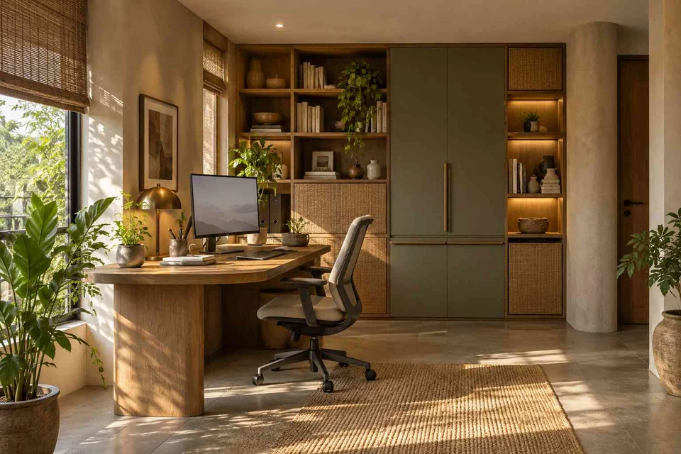 AI-generated home office concept: office and storage wall, earth and bamboo direction