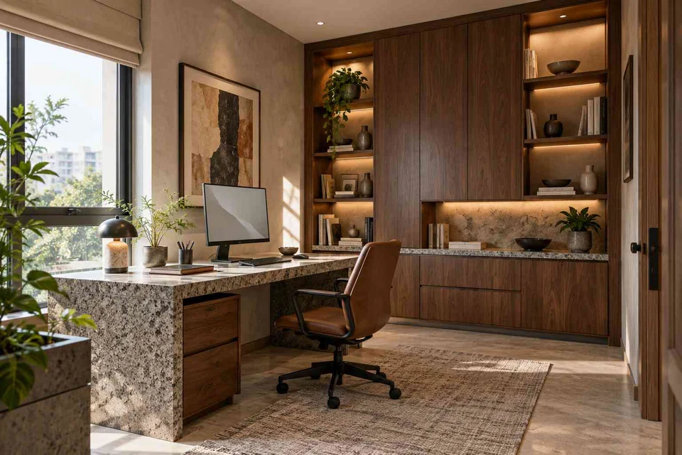AI-generated home office concept: office and storage wall, granite precision direction