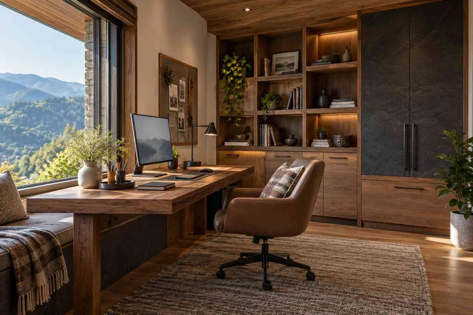 AI-generated home office concept: office and storage wall, hill timber direction