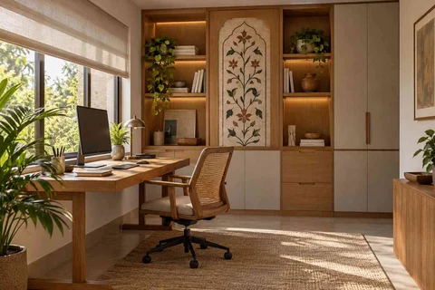 AI-generated home office concept: office and storage wall, inlay atelier direction