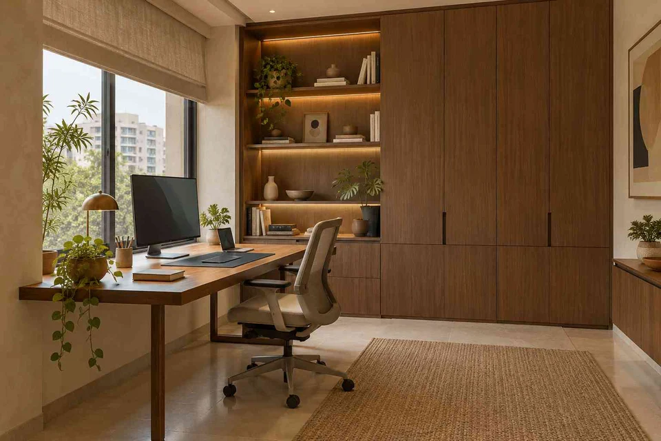AI-generated home office concept: office and storage wall, lime and walnut direction