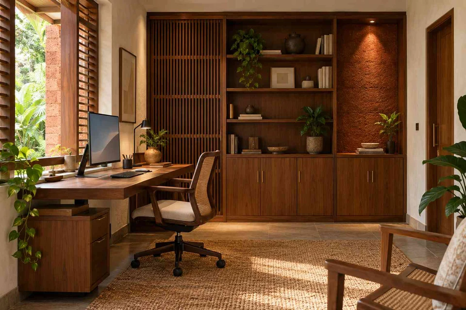 AI-generated home office concept: office and storage wall, malabar timber direction