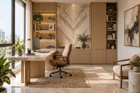 AI-generated home office concept: office and storage wall, marble restraint direction