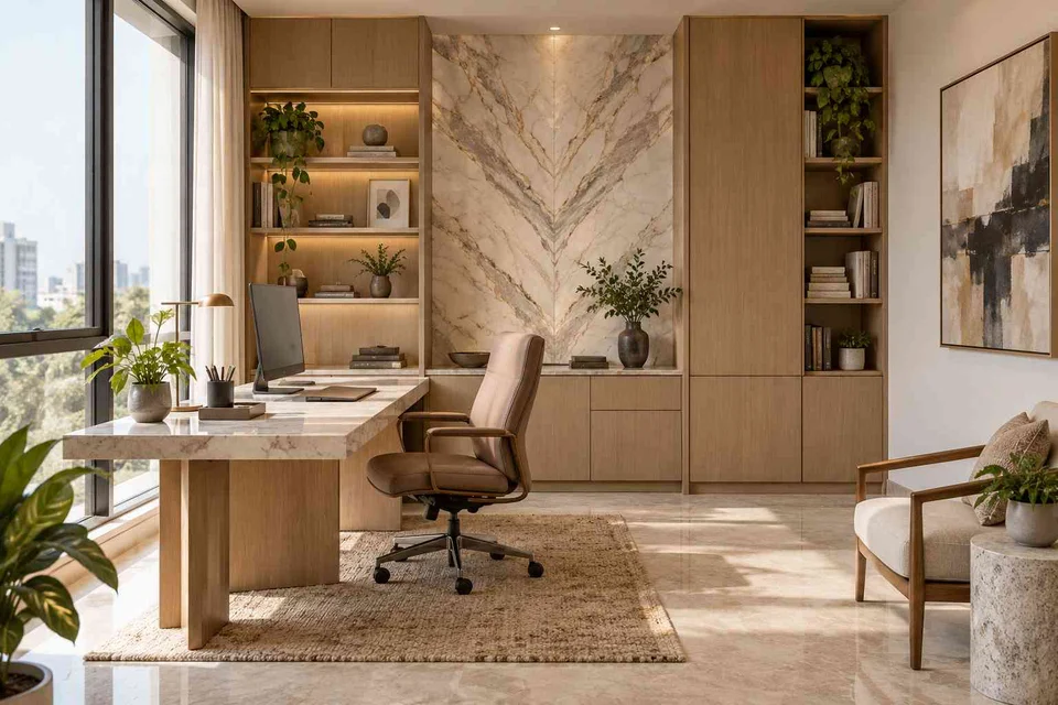AI-generated home office concept: office and storage wall, marble restraint direction
