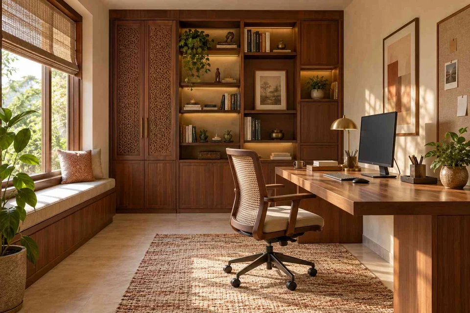 AI-generated home office concept: office and storage wall, modern carved direction
