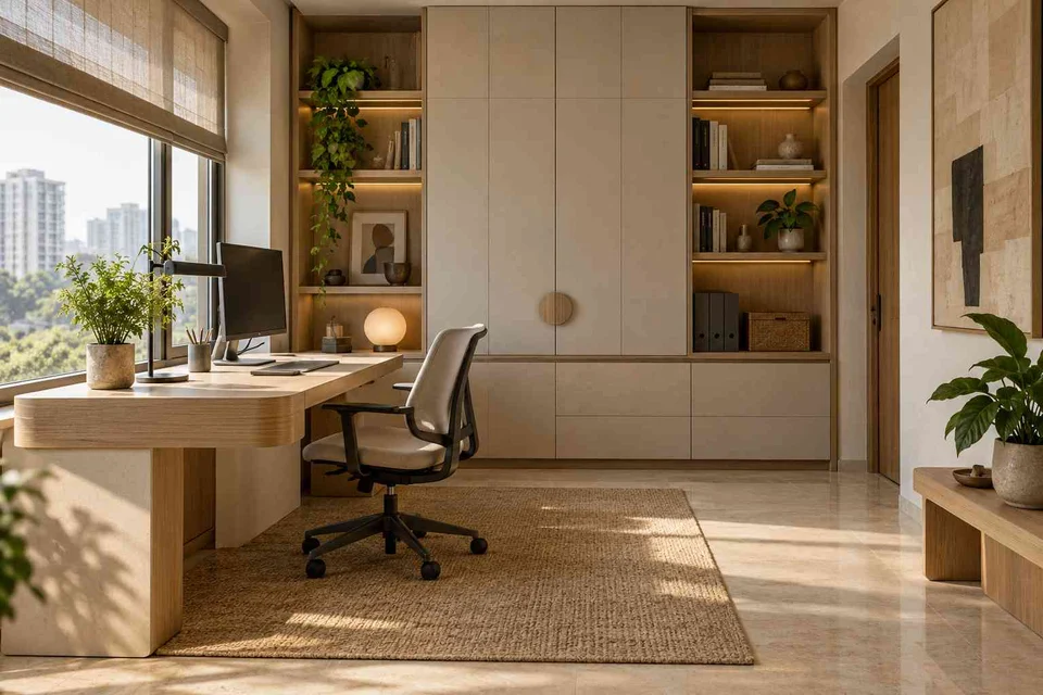 AI-generated home office concept: office and storage wall, quiet contemporary direction