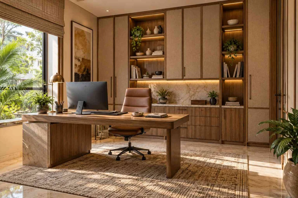 AI-generated home office concept: office and storage wall, quiet transitional direction