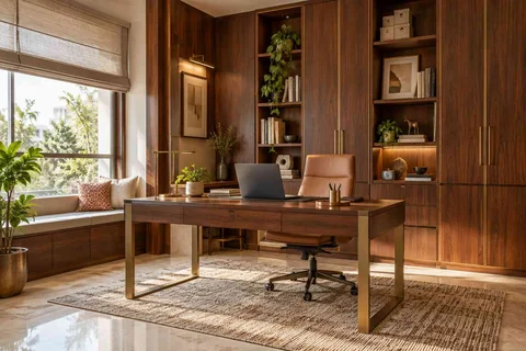 AI-generated home office concept: office and storage wall, rosewood brass direction