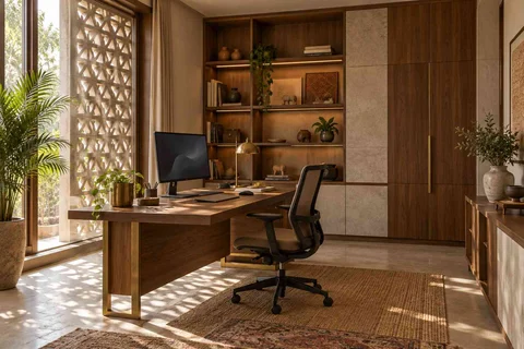 AI-generated home office concept: office and storage wall, sandstone lattice direction