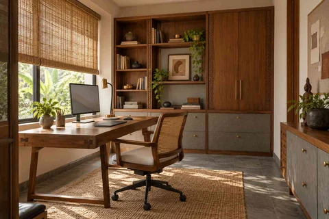 AI-generated home office concept: office and storage wall, teak craft direction