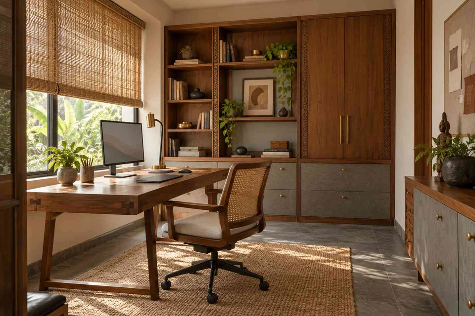 AI-generated home office concept: office and storage wall, teak craft direction