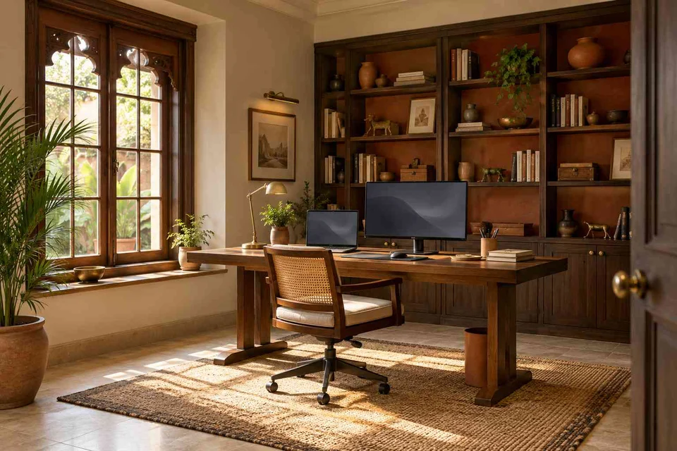 AI-generated home office concept: office and storage wall, terracotta heritage direction