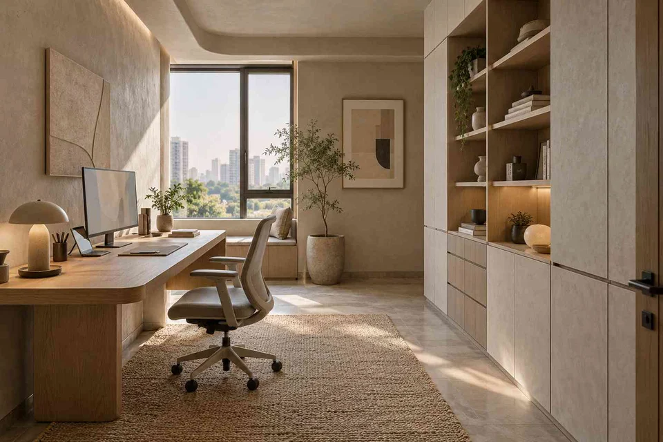AI-generated home office concept: office and storage wall, textured mineral direction