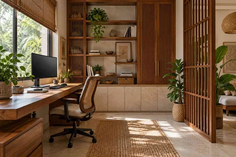 AI-generated home office concept: office and storage wall, tropical slatted direction