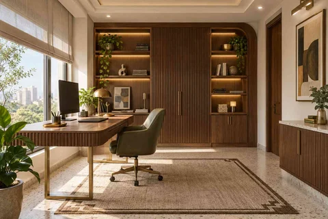 AI-generated home office concept: office and storage wall, urban deco direction
