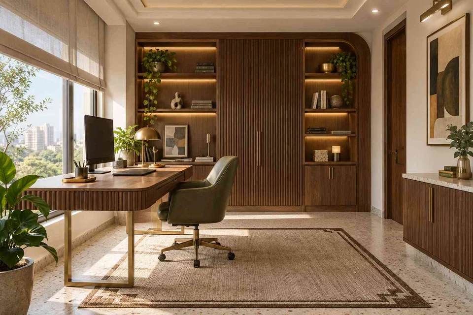 AI-generated home office concept: office and storage wall, urban deco direction