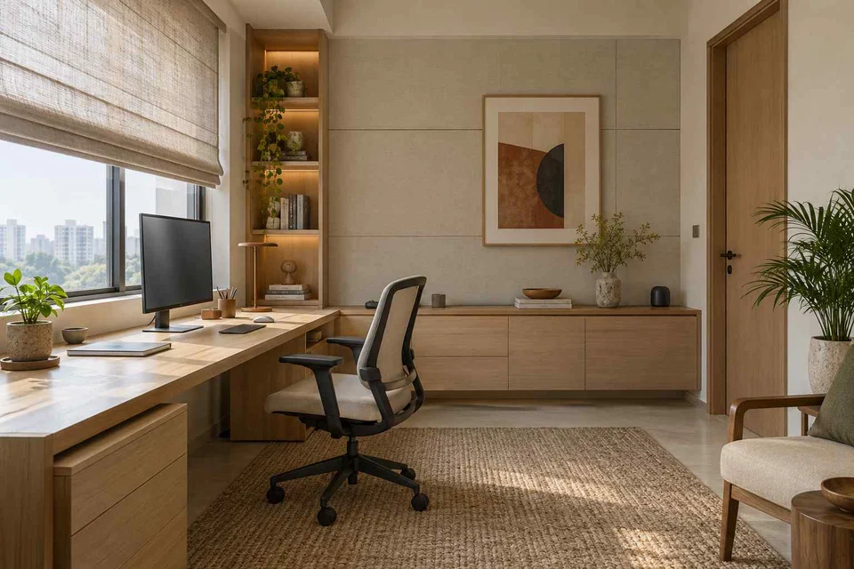 AI-generated home office concept: office and video call bay, ash and linen direction
