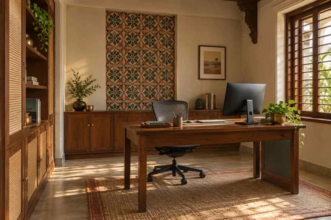 AI-generated home office concept: office and video call bay, chettinad tile direction