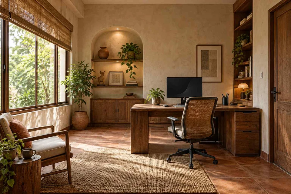 AI-generated home office concept: office and video call bay, clay artisan direction