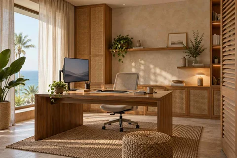 AI-generated home office concept: office and video call bay, coastal woven direction