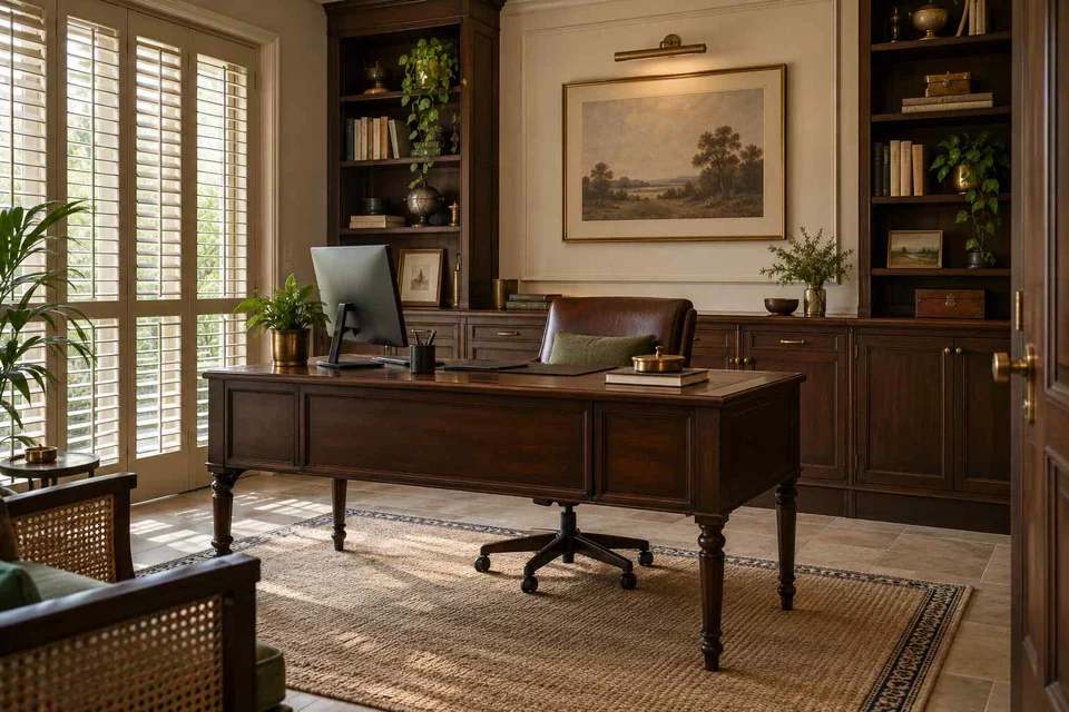 AI-generated home office concept: office and video call bay, colonial quiet direction