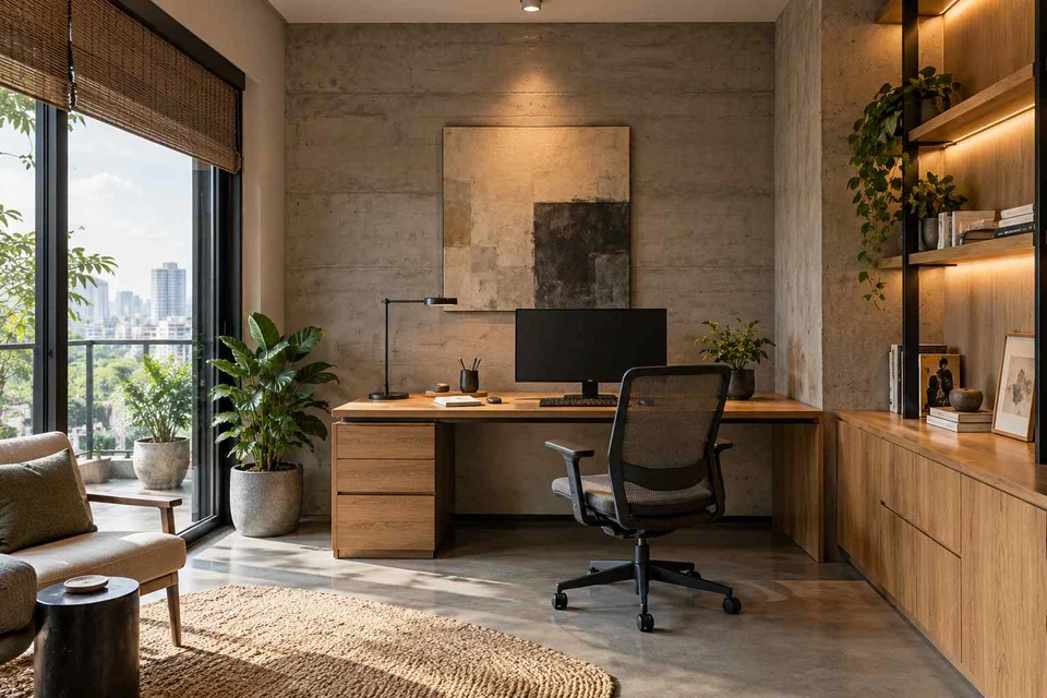 AI-generated home office concept: office and video call bay, concrete and oak direction