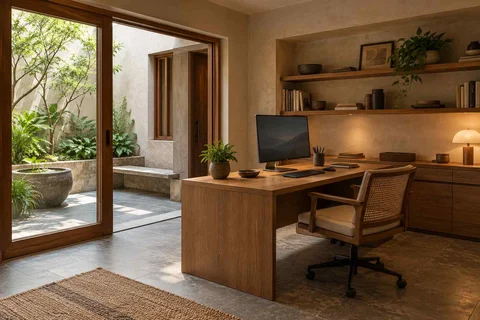 AI-generated home office concept: office and video call bay, courtyard modern direction