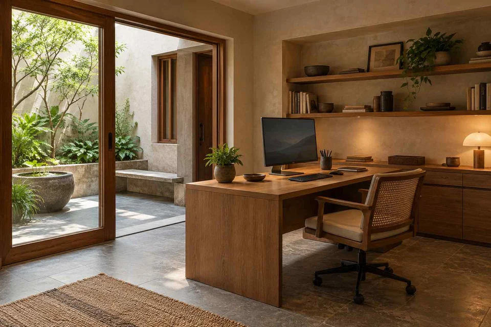 AI-generated home office concept: office and video call bay, courtyard modern direction