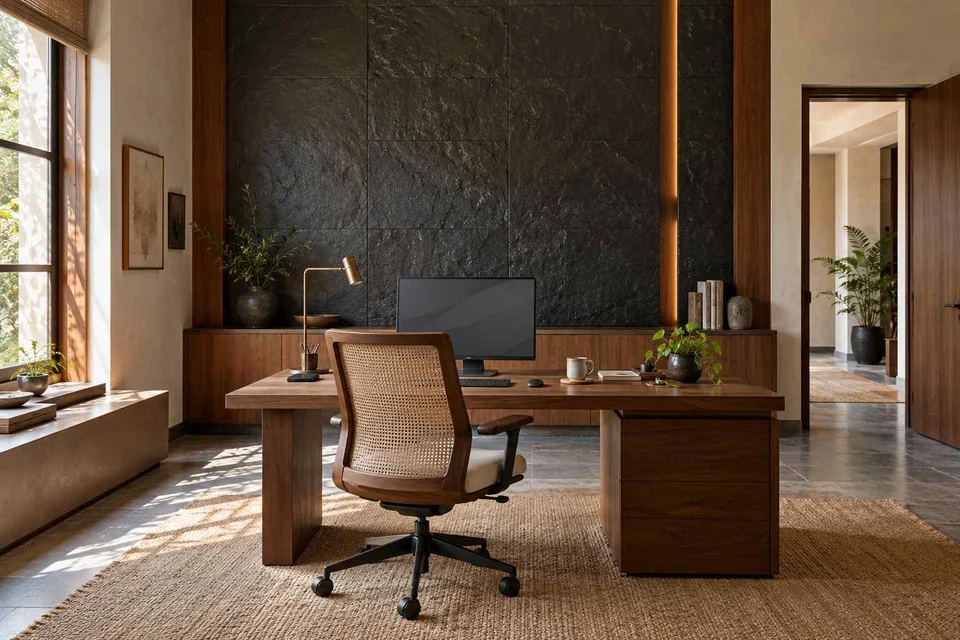 AI-generated home office concept: office and video call bay, deccan stone direction