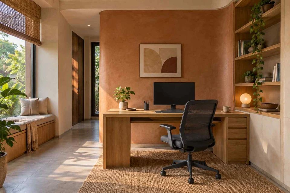 AI-generated home office concept: office and video call bay, earth and bamboo direction