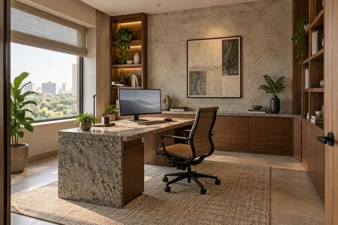 AI-generated home office concept: office and video call bay, granite precision direction