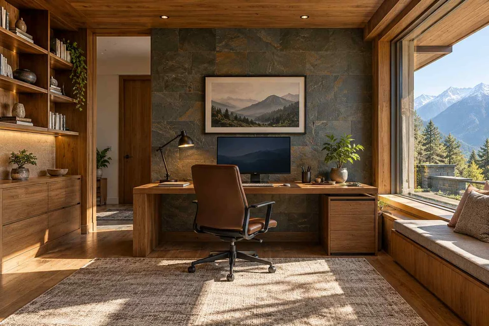 AI-generated home office concept: office and video call bay, hill timber direction