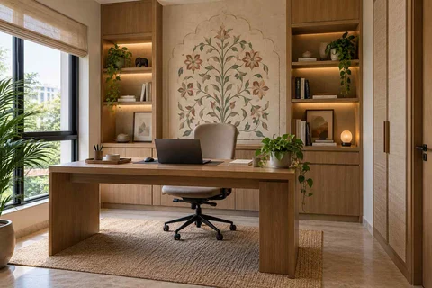AI-generated home office concept: office and video call bay, inlay atelier direction