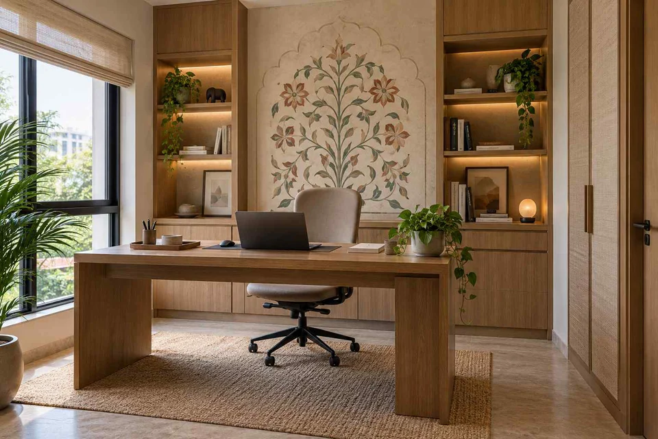 AI-generated home office concept: office and video call bay, inlay atelier direction