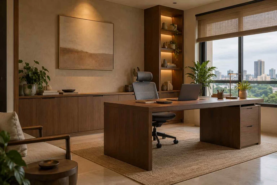 AI-generated home office concept: office and video call bay, lime and walnut direction