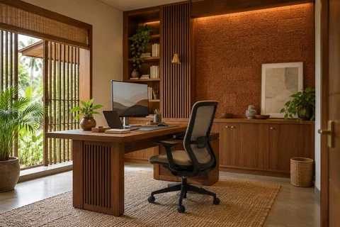 AI-generated home office concept: office and video call bay, malabar timber direction