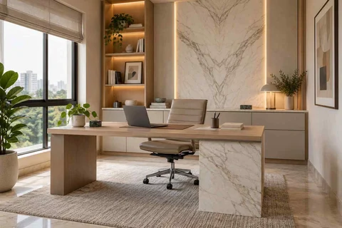 AI-generated home office concept: office and video call bay, marble restraint direction