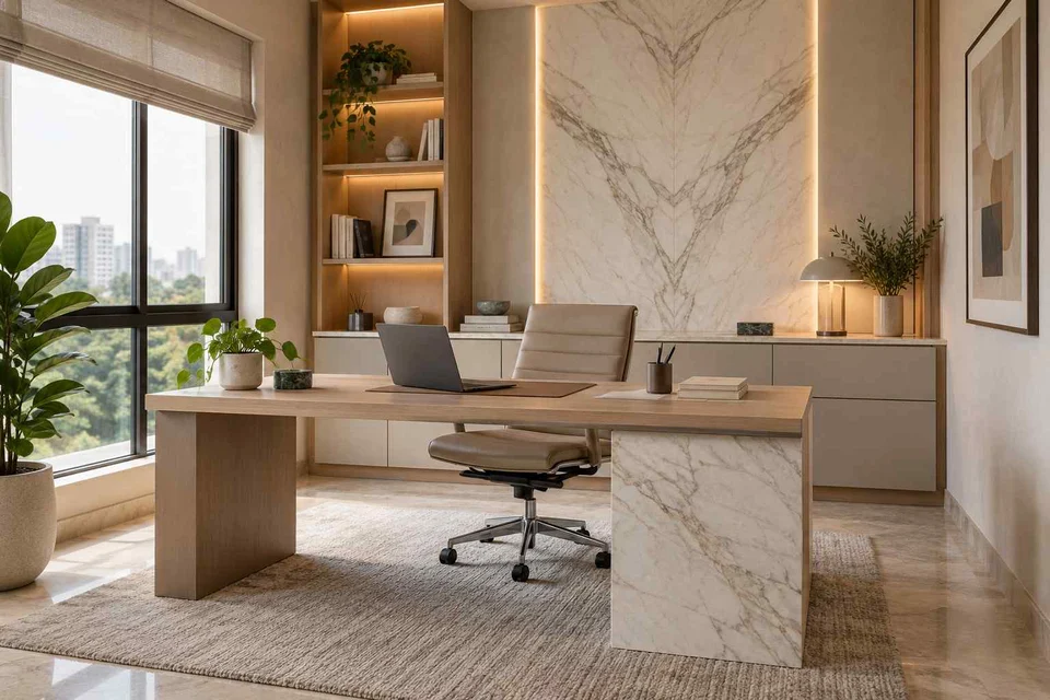 AI-generated home office concept: office and video call bay, marble restraint direction