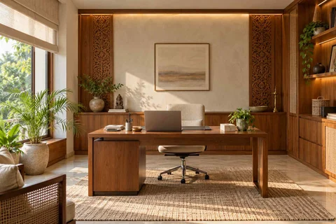 AI-generated home office concept: office and video call bay, modern carved direction
