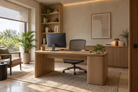 AI-generated home office concept: office and video call bay, quiet contemporary direction