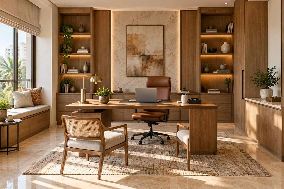 AI-generated home office concept: office and video call bay, quiet transitional direction